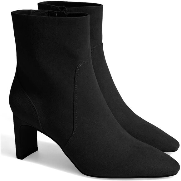 Shoes - Women Black Chunky Low Heel Square Pointed Toe Side Zipper Faux Suede Boots
